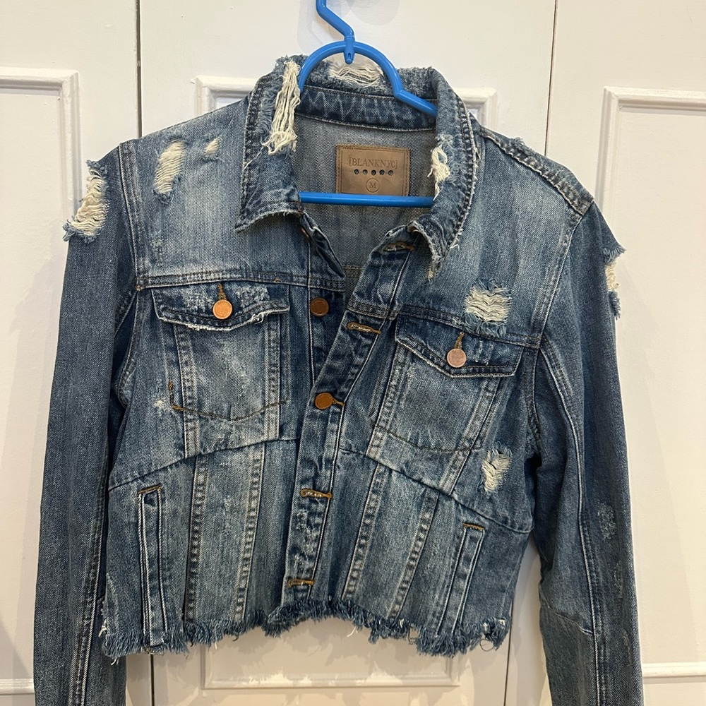 Blank NYC Cropped and Distressed Denim Jacket, size M